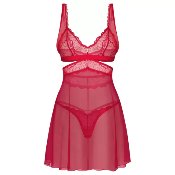 Obsessive Cupide Desir - Rotes, durchsichtiges Spitzennachthemd-Set - L/XL