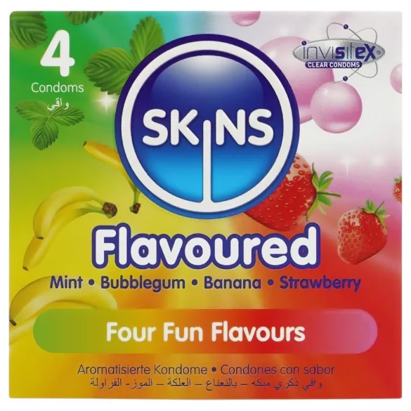 Skins - aromatisierte Kondome - Minze, Kaugummi, Banane, Erdbeere (4 Stück)