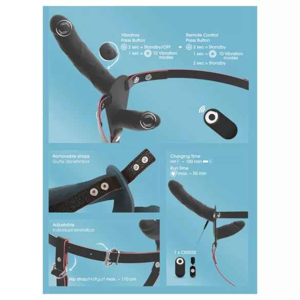 You2Toys - ferngesteuerter doppelt umschnallbarer Vibrator (schwarz)