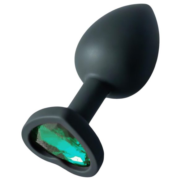 Sunfo - Silikon Analplug mit herzförmigem, dunkelgrünem Stein (schwarz)