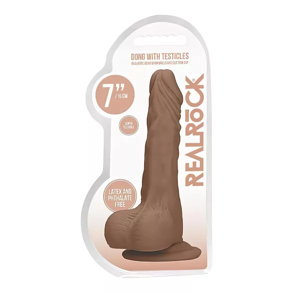 RealRock Dong 7 - Lebensechter Dunkel-Natur Dildo mit Hoden (17cm)