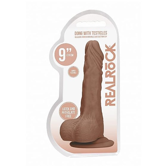 RealRock Dong 9 - realistischer Dildo mit Hoden (23cm) - dunkles Naturdesign