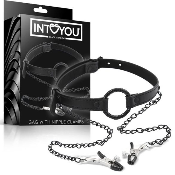 INTOYOU - Mundknebel mit Brustwarzenklemmen (schwarz)