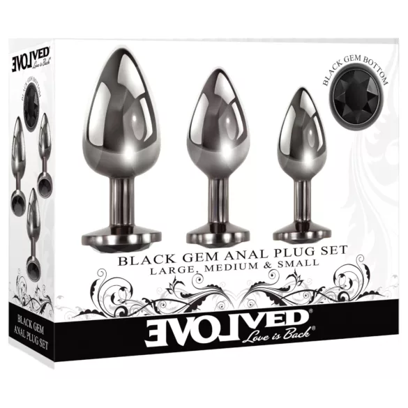 Evolved Black Gem - Analplug-Set aus Metall mit schwarzem Stein (silber)